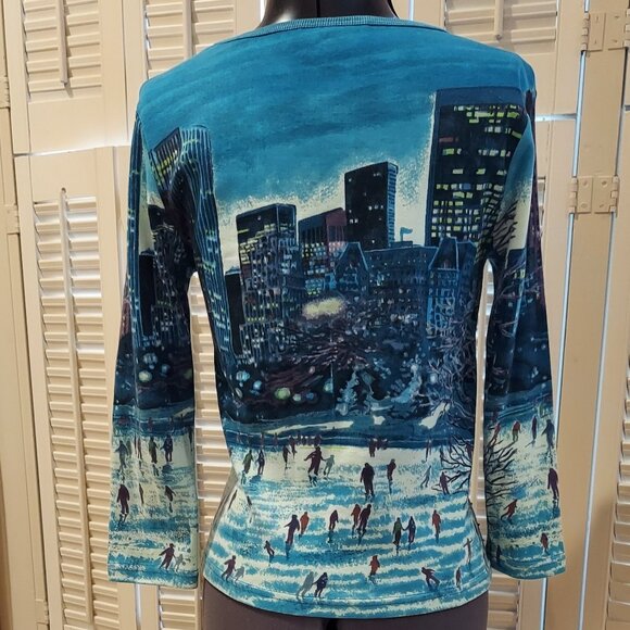 City Winter Scene Beaded & Sequined Long Sleeve T-shirt by Carrie Allen Size M - Picture 7 of 9